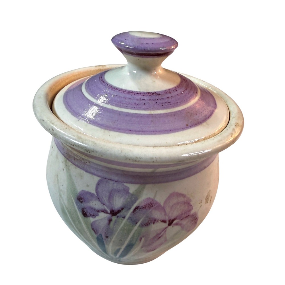 Vintage Handmade Studio Pottery Garlic Keeper Jar Lidded Floral Purple Farmhouse